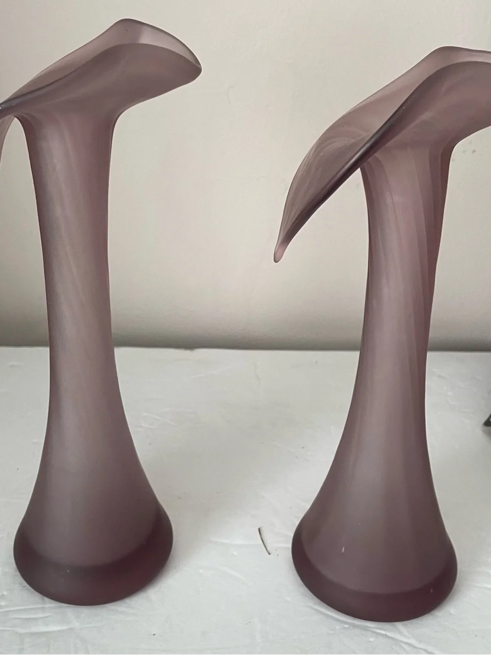 Purple Frosted Glass Jack In The Pulpit Vases Pair Ribbed Candlesticks